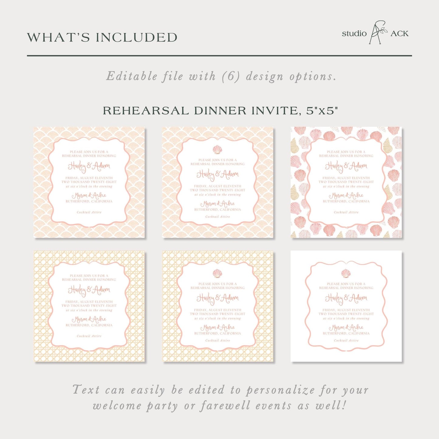 a collection of six different designs for a Rehearsal Dinner Invite, each with a unique design and color scheme. The text invites viewers to consider editing the text to personalize it for their welcome party or farewell event.