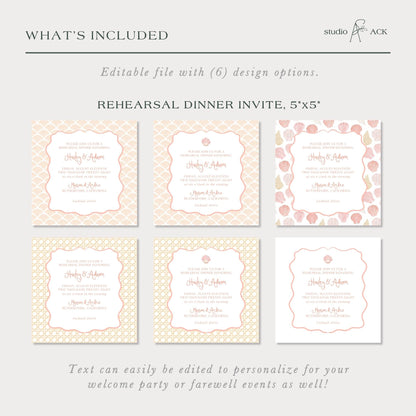 a collection of six different designs for a Rehearsal Dinner Invite, each with a unique design and color scheme. The text invites viewers to consider editing the text to personalize it for their welcome party or farewell event.