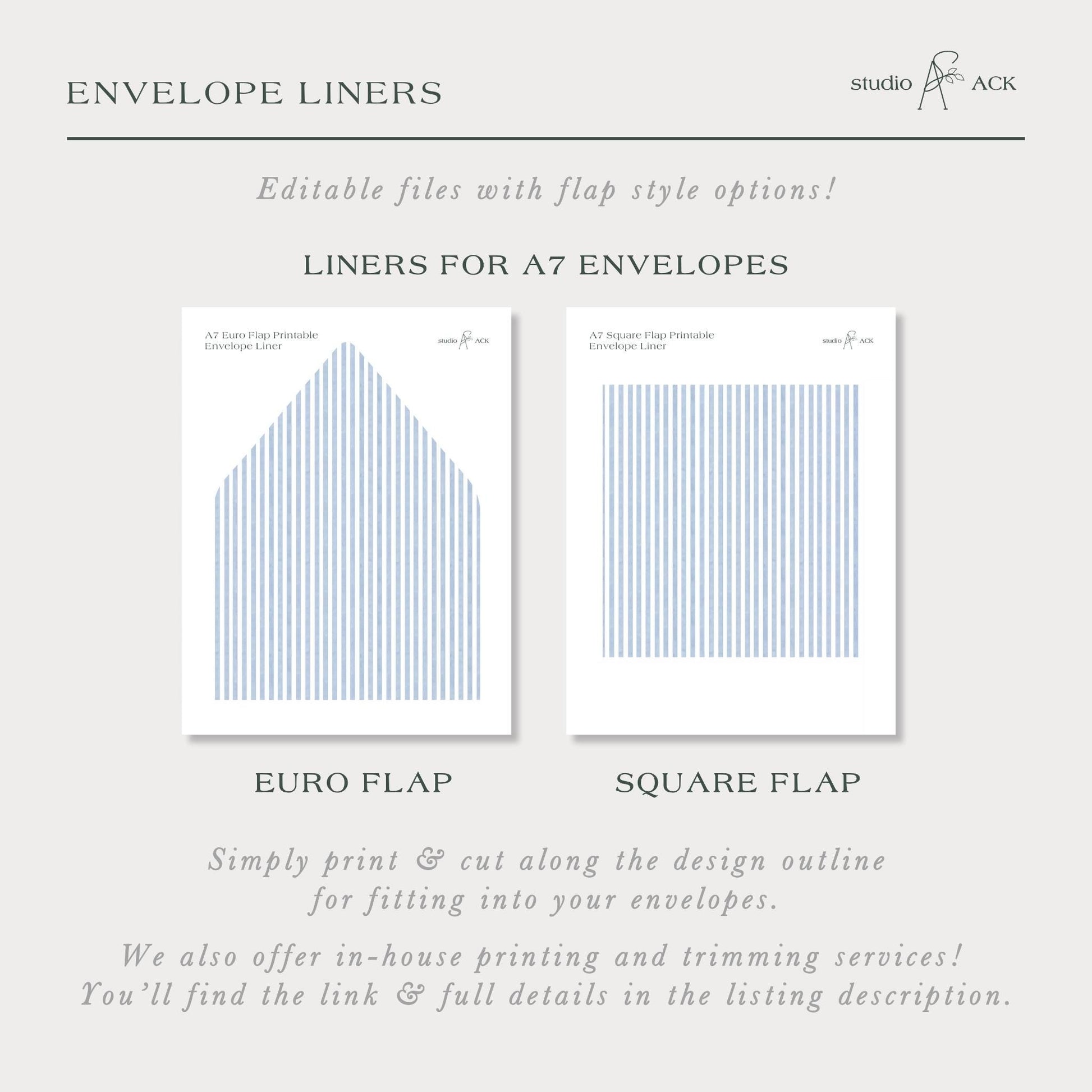 The image is a collection of two envelope liners, one for A7 envelopes and the other for A5 envelopes. The liners are designed with a simple, clean, and elegant style, suitable for fitting into various envelope sizes. The image also includes text that provides information about the liners, such as their size and the services offered, including in-house printing and trimming.