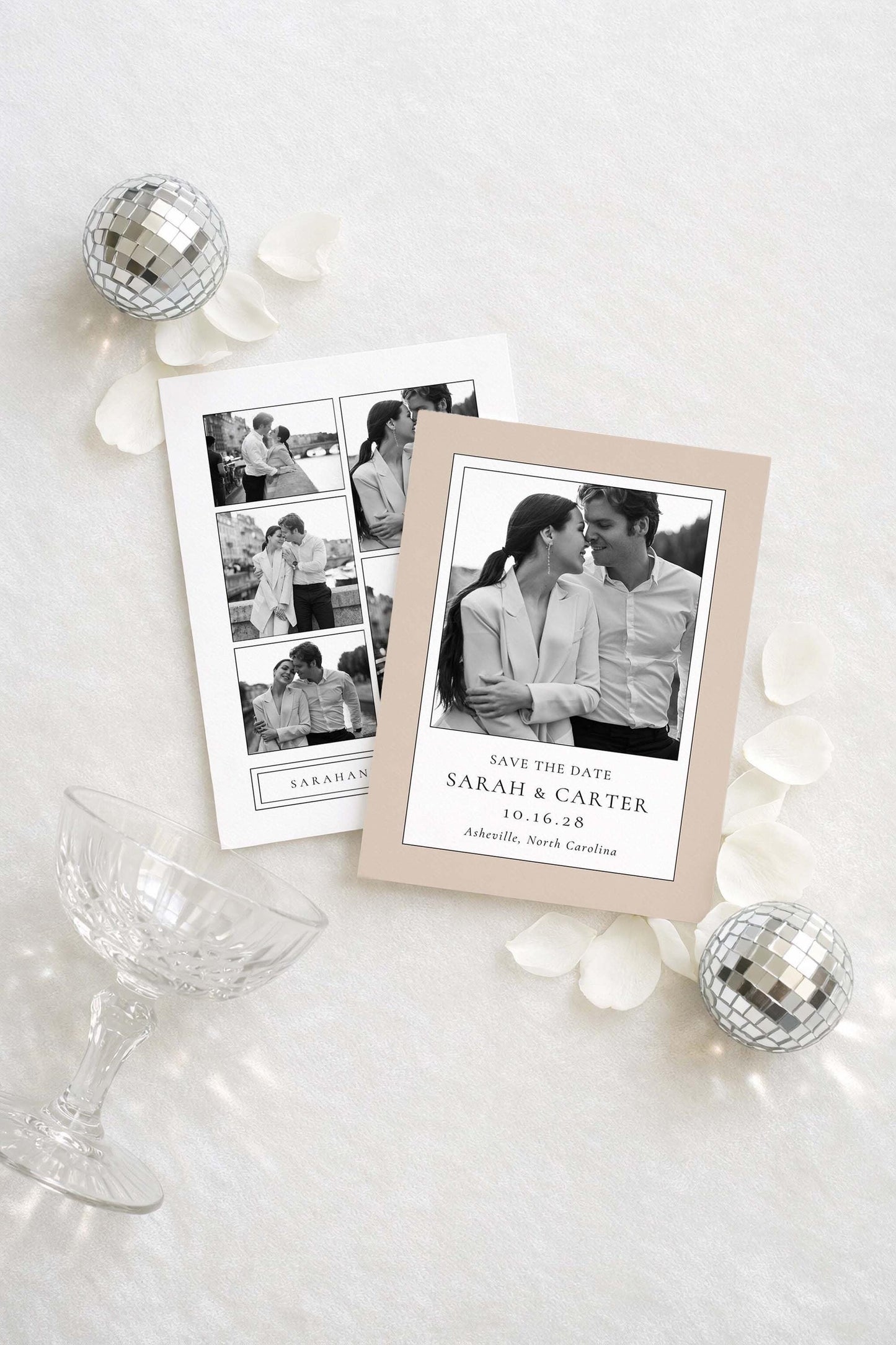 Polaroid-style save the date digital template displayed in a modern flat lay with neutral styling. Personalized photo save the date design with clean lines and classic typography, ideal for modern weddings, minimalist stationery, and elegant wedding announcements. Instant download template.
