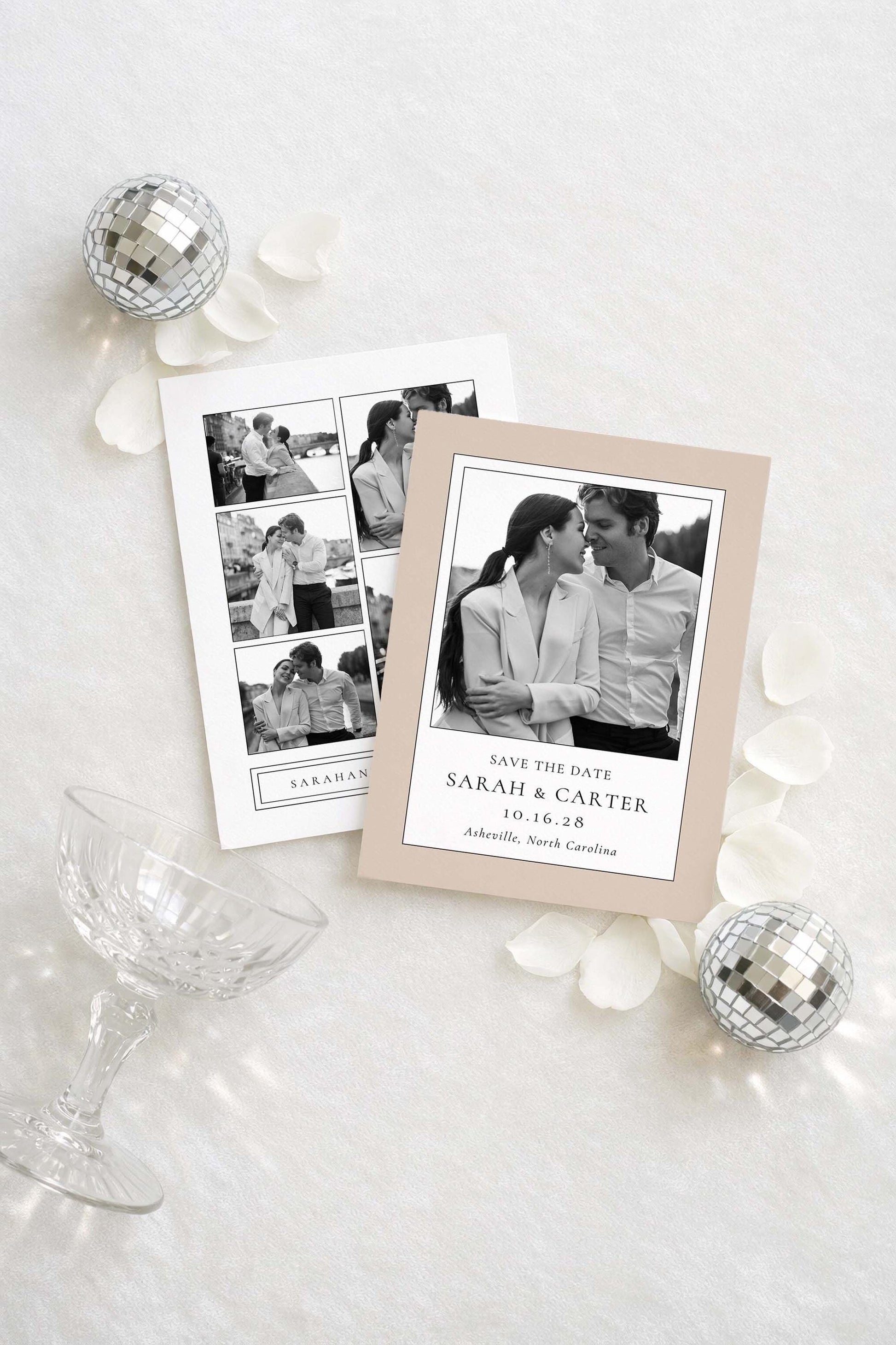 Polaroid-style save the date digital template displayed in a modern flat lay with neutral styling. Personalized photo save the date design with clean lines and classic typography, ideal for modern weddings, minimalist stationery, and elegant wedding announcements. Instant download template.