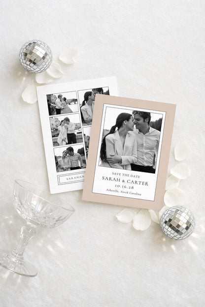 Polaroid-style save the date digital template displayed in a modern flat lay with neutral styling. Personalized photo save the date design with clean lines and classic typography, ideal for modern weddings, minimalist stationery, and elegant wedding announcements. Instant download template.