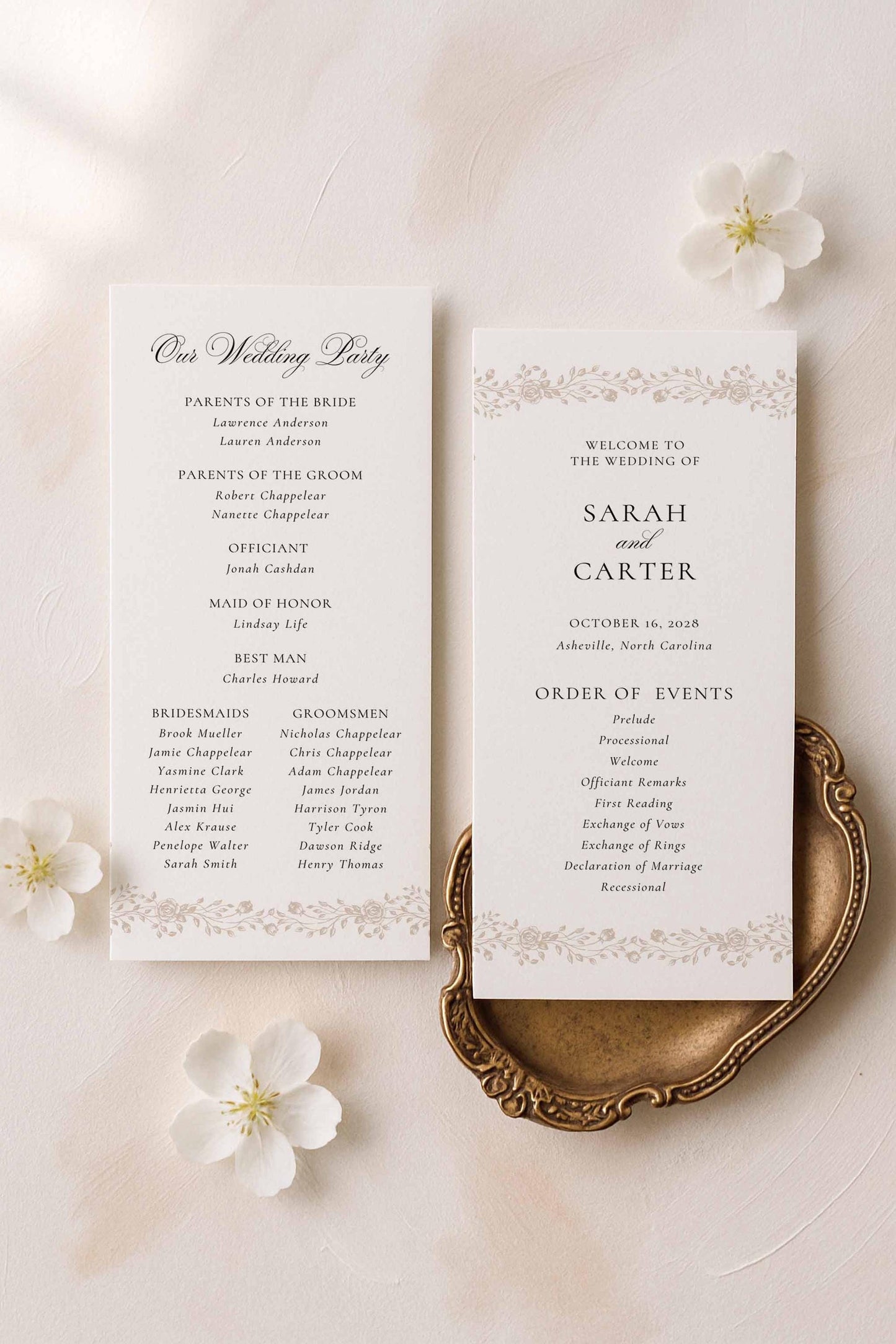 Minimalist double-sided order of service card featuring romantic hand drawn botanical illustrations in soft neutral tones.