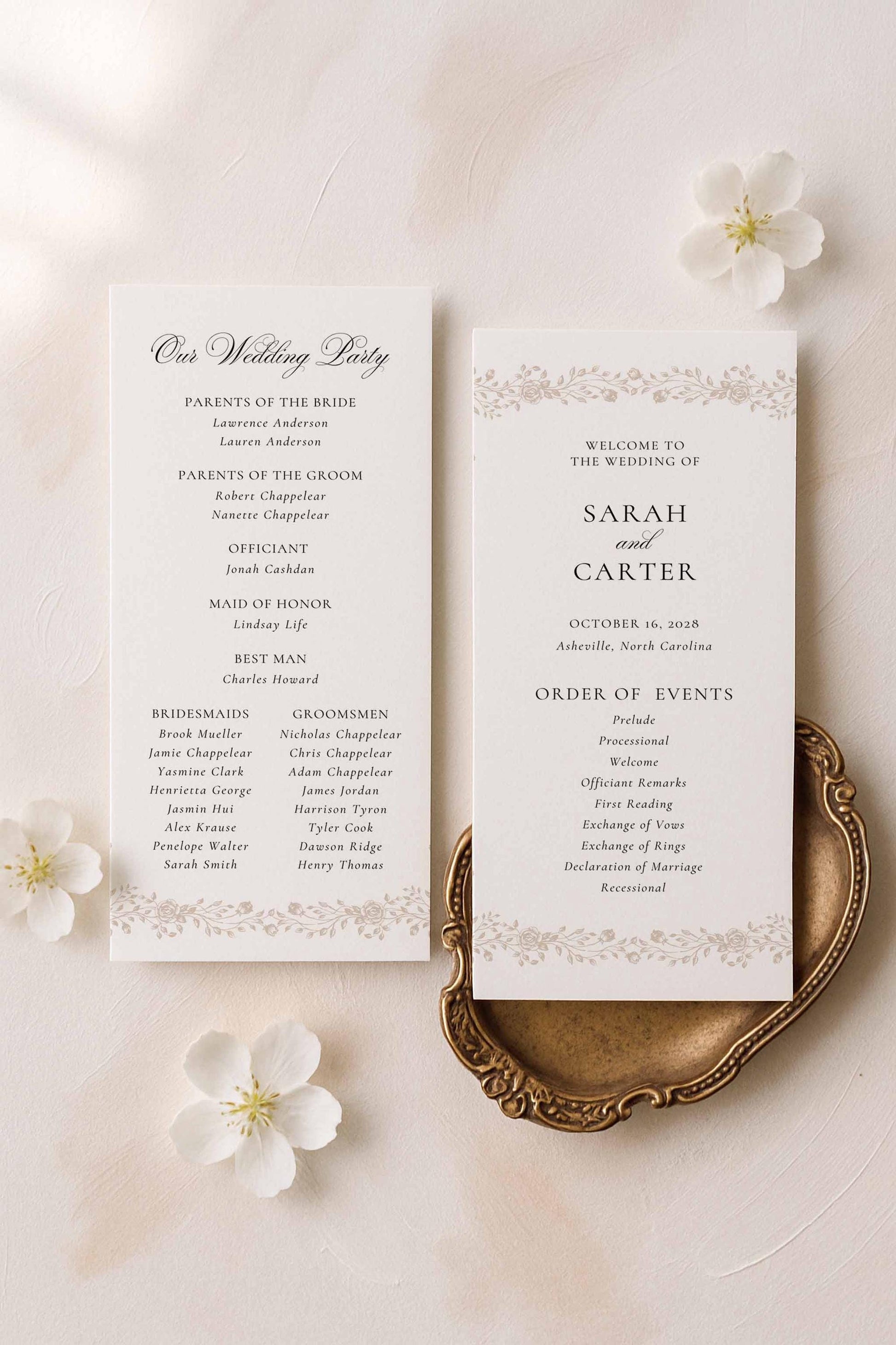 Minimalist double-sided order of service card featuring romantic hand drawn botanical illustrations in soft neutral tones.
