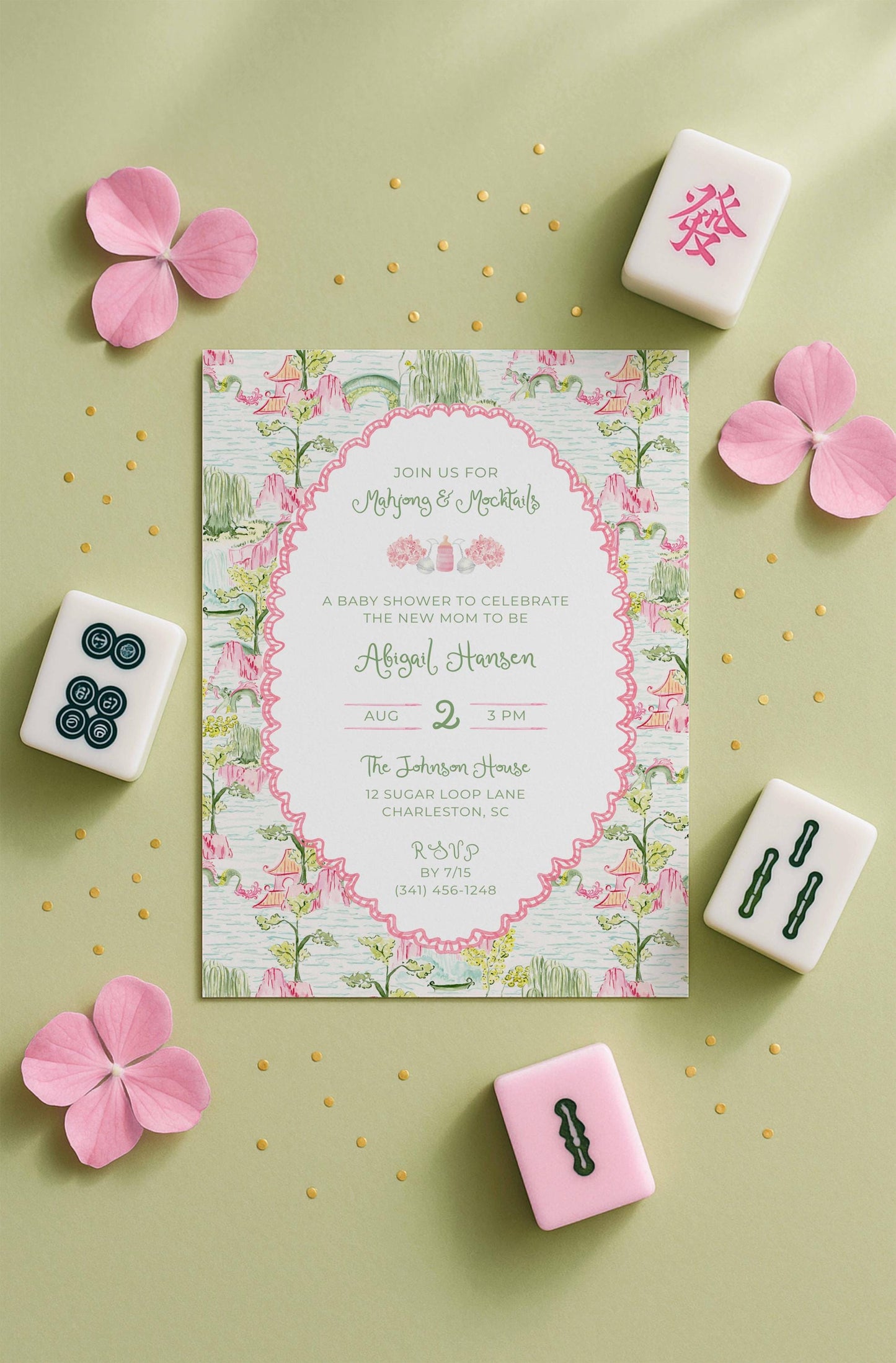 Asian Inspired Celebration Mahjong Baby Shower Invitation Digital Template Pink Green Chinoiserie Pattern Scalloped Border Design Customizable Text Options Editable Format Instant Download Multiple Color Choices Elegant Announcement Card