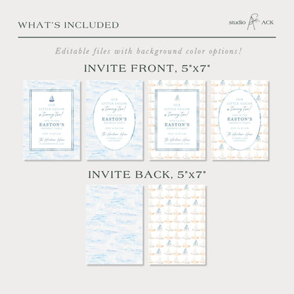Our Little Sailor Birthday Invitation Template, Blue Nautical Watercolor Sailboat Invite, Sailboat Digital Printable for Boy Birthday Party