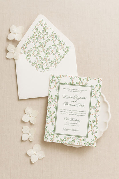 Neutral Chinoiserie Wedding Invitation Suite Template