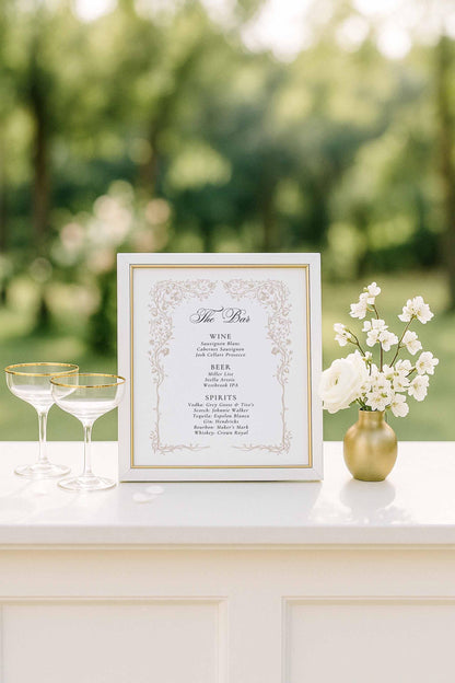 Neutral Floral Line Art Wedding Bar Menu Template