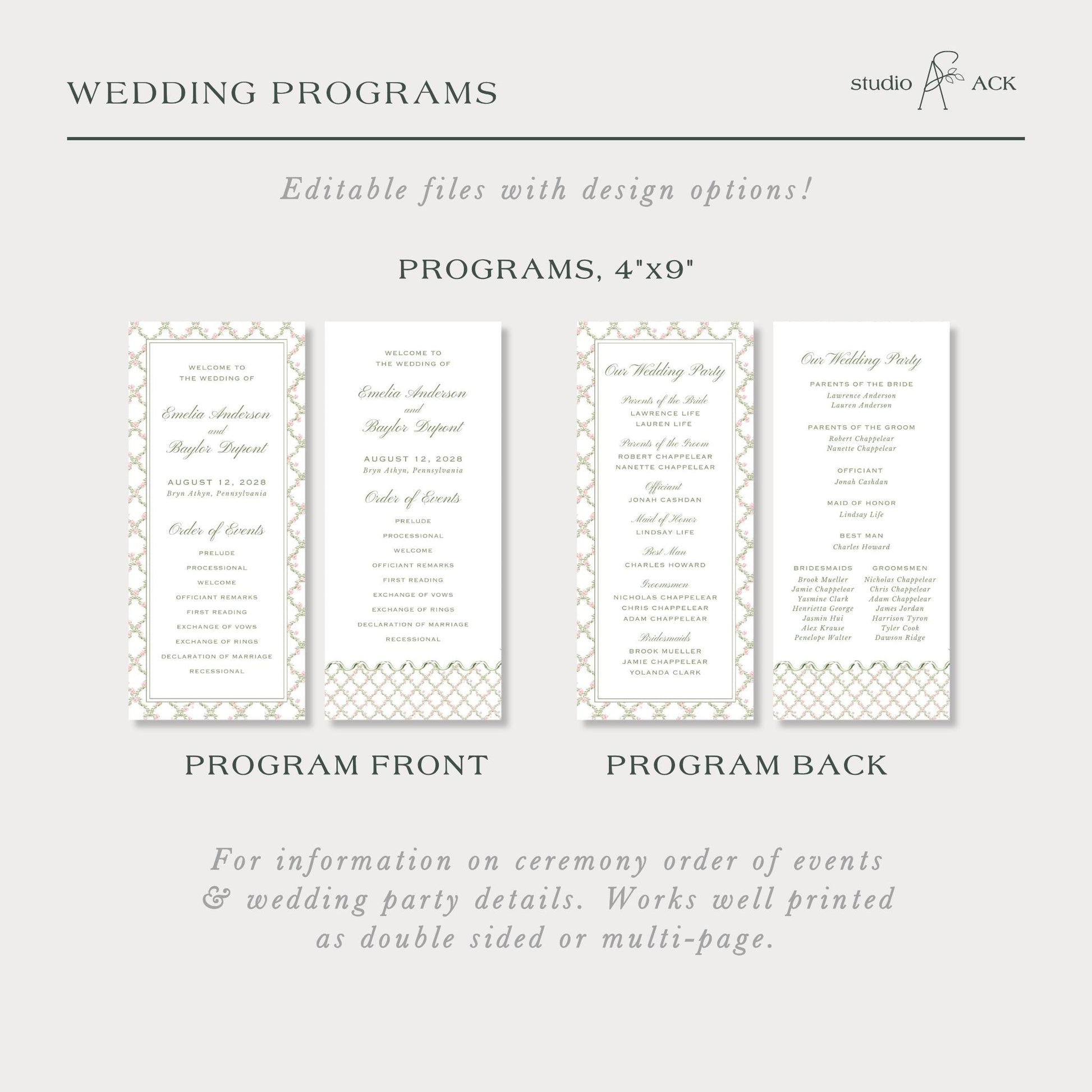 a collection of wedding programs with various details about the programs, including the names of the couples, the names of the officiants, and the names of the speakers. The programs are designed to provide information on the ceremony order of events and wedding party details, and they are printed as double-sided or multi-page.