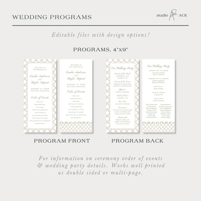 a collection of wedding programs with various details about the programs, including the names of the couples, the names of the officiants, and the names of the speakers. The programs are designed to provide information on the ceremony order of events and wedding party details, and they are printed as double-sided or multi-page.