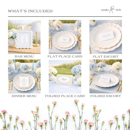 The image is a collage of six different images depicting various elements of a wedding reception, including place cards, dinner menus, and floral arrangements.