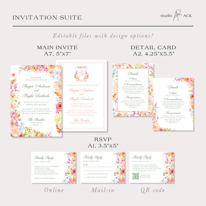 a collection of wedding invitation suite designs, including the main invitation, detail card, RSVP, and response cards. The suite offers design options for the main invitation and detail card, and includes RSVP and response cards for guests to RSVP and respond to the wedding invitation.