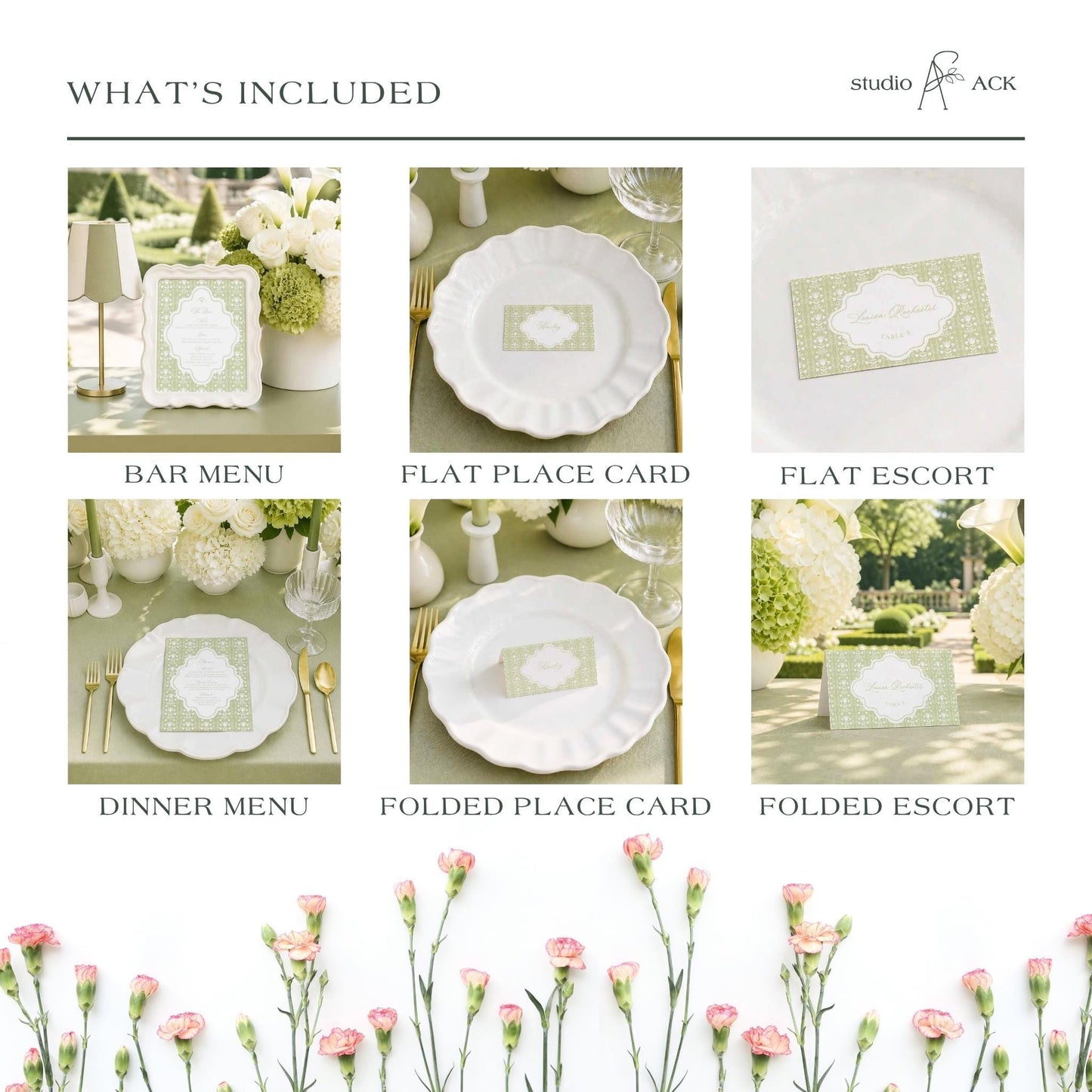 The image is a collage of six different images depicting various elements of a dining experience, including place cards, dinner menus, and folded place cards.