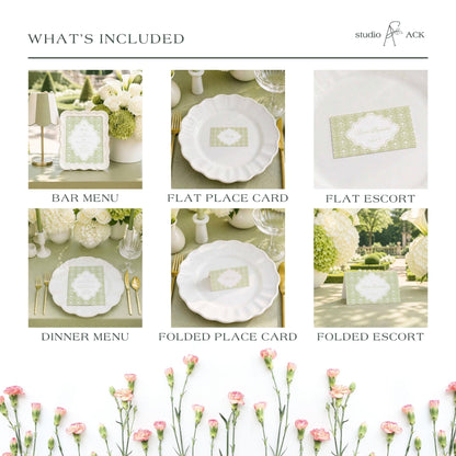 The image is a collage of six different images depicting various elements of a dining experience, including place cards, dinner menus, and folded place cards.