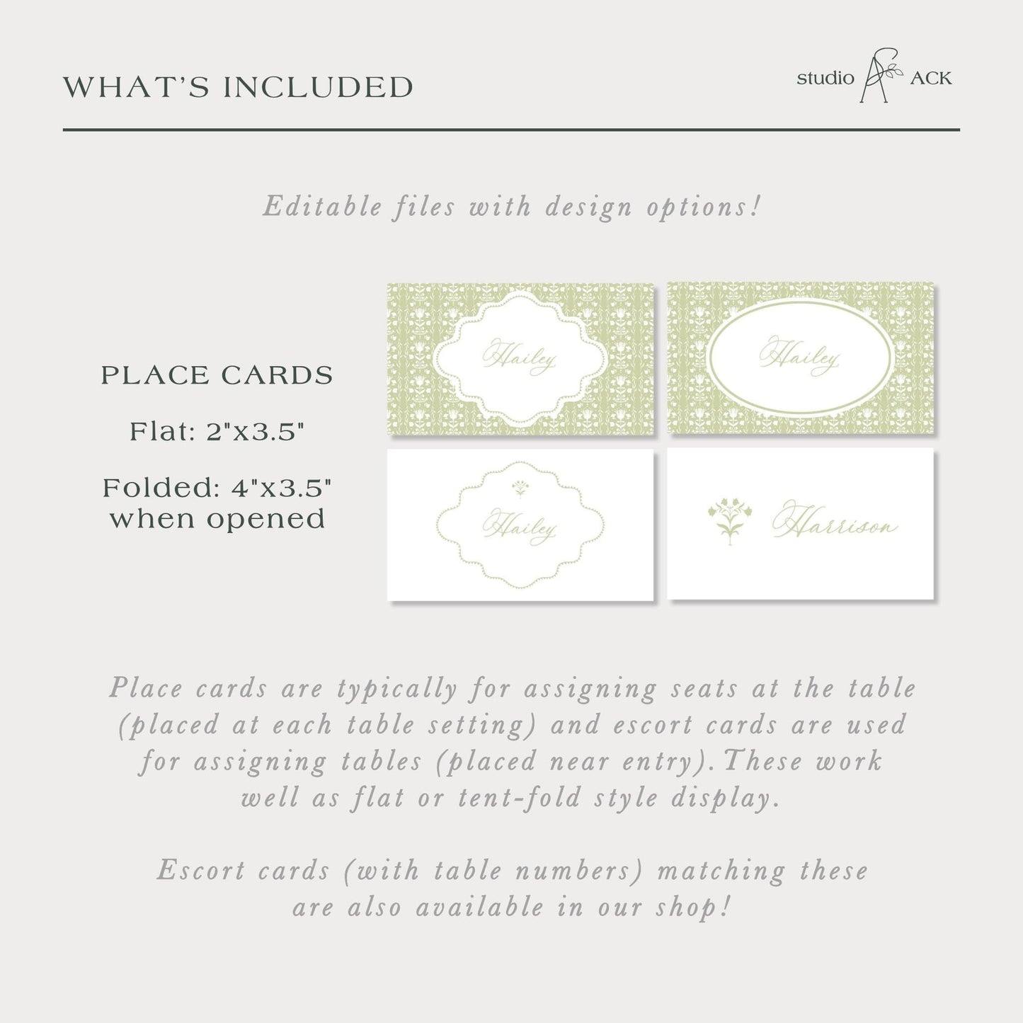 The image is a collection of design options for place cards and escort cards, which are typically used for assigning seats at a table and displaying table numbers, respectively.