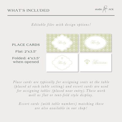 The image is a collection of design options for place cards and escort cards, which are typically used for assigning seats at a table and displaying table numbers, respectively.