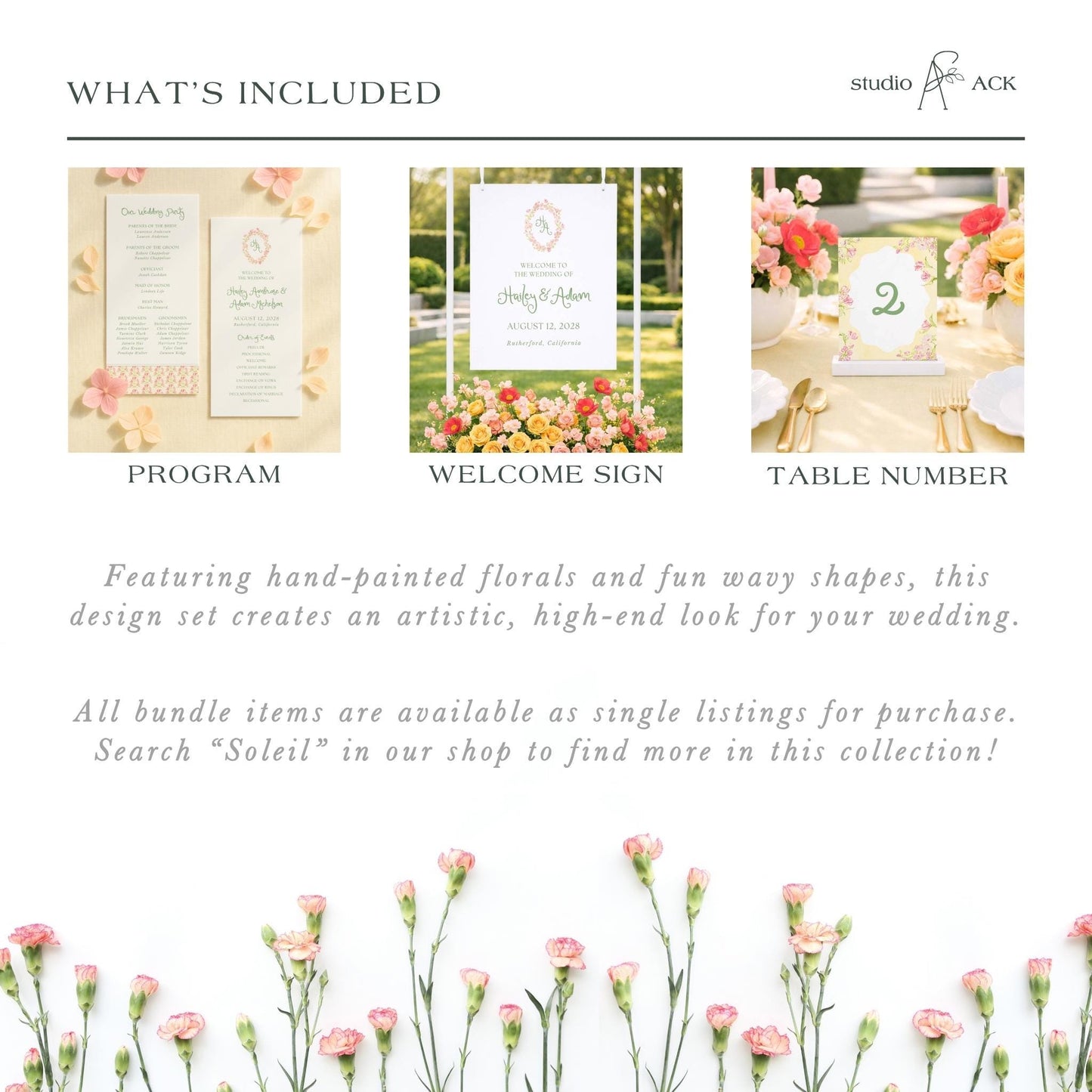 The image is a collage of three different wedding-related images, including a program, a welcome sign, and a table number.