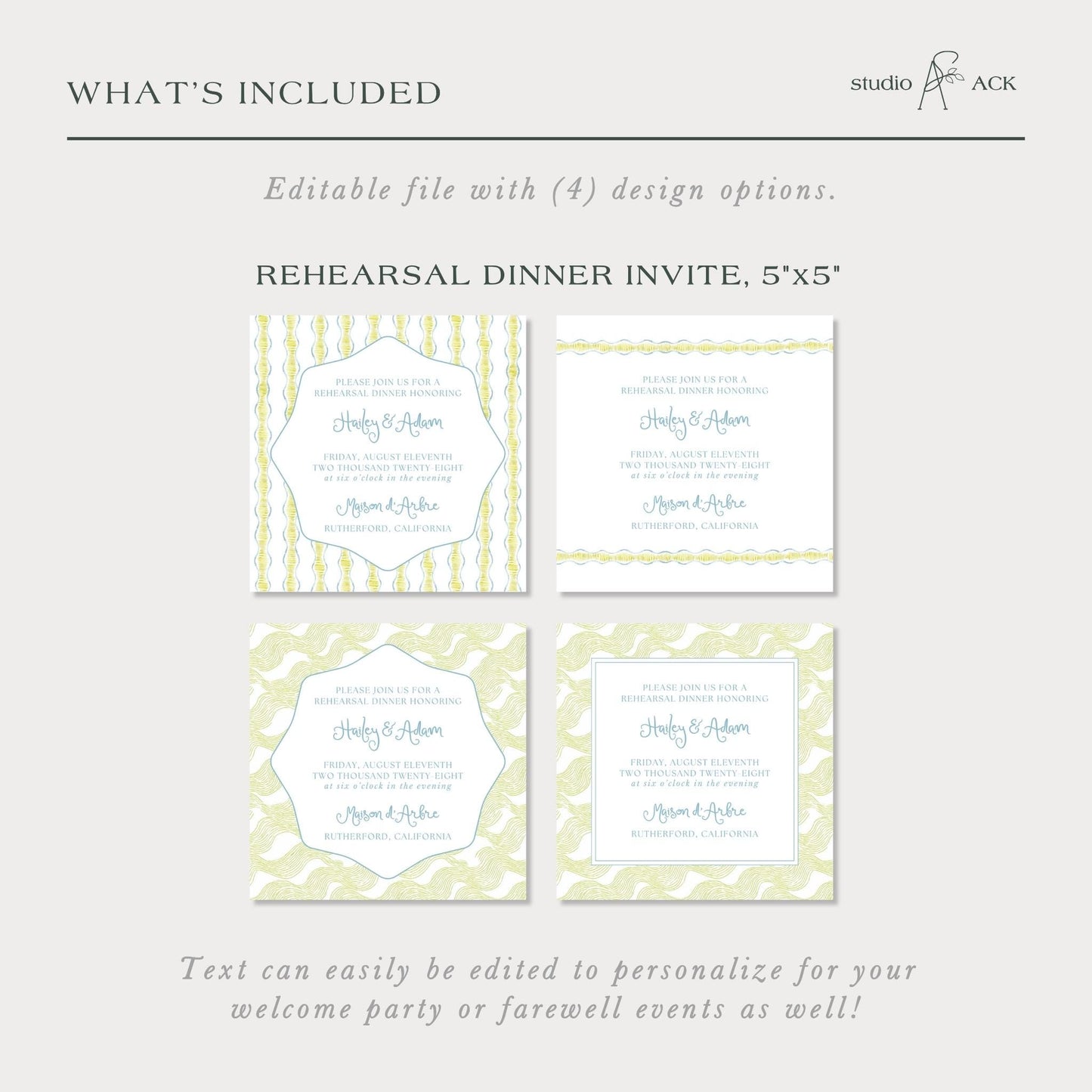 The image is a collage of four different wedding invitations, each with a unique design and text. The text can easily be edited to personalize for your welcome party or farewell events as well!