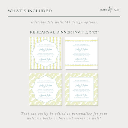 The image is a collage of four different wedding invitations, each with a unique design and text. The text can easily be edited to personalize for your welcome party or farewell events as well!