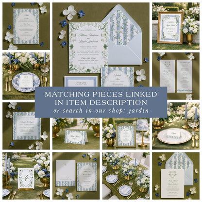 The image is a collage of various wedding-related items, including invitations, place settings, floral arrangements, and other decorative elements, all set against a green background.