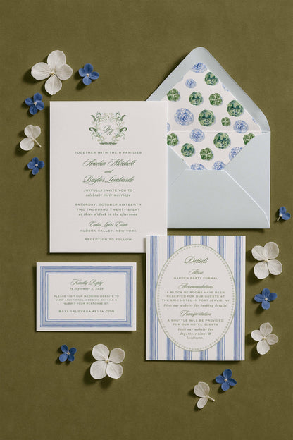 Blue, White & Green Wedding Invitation Suite Template