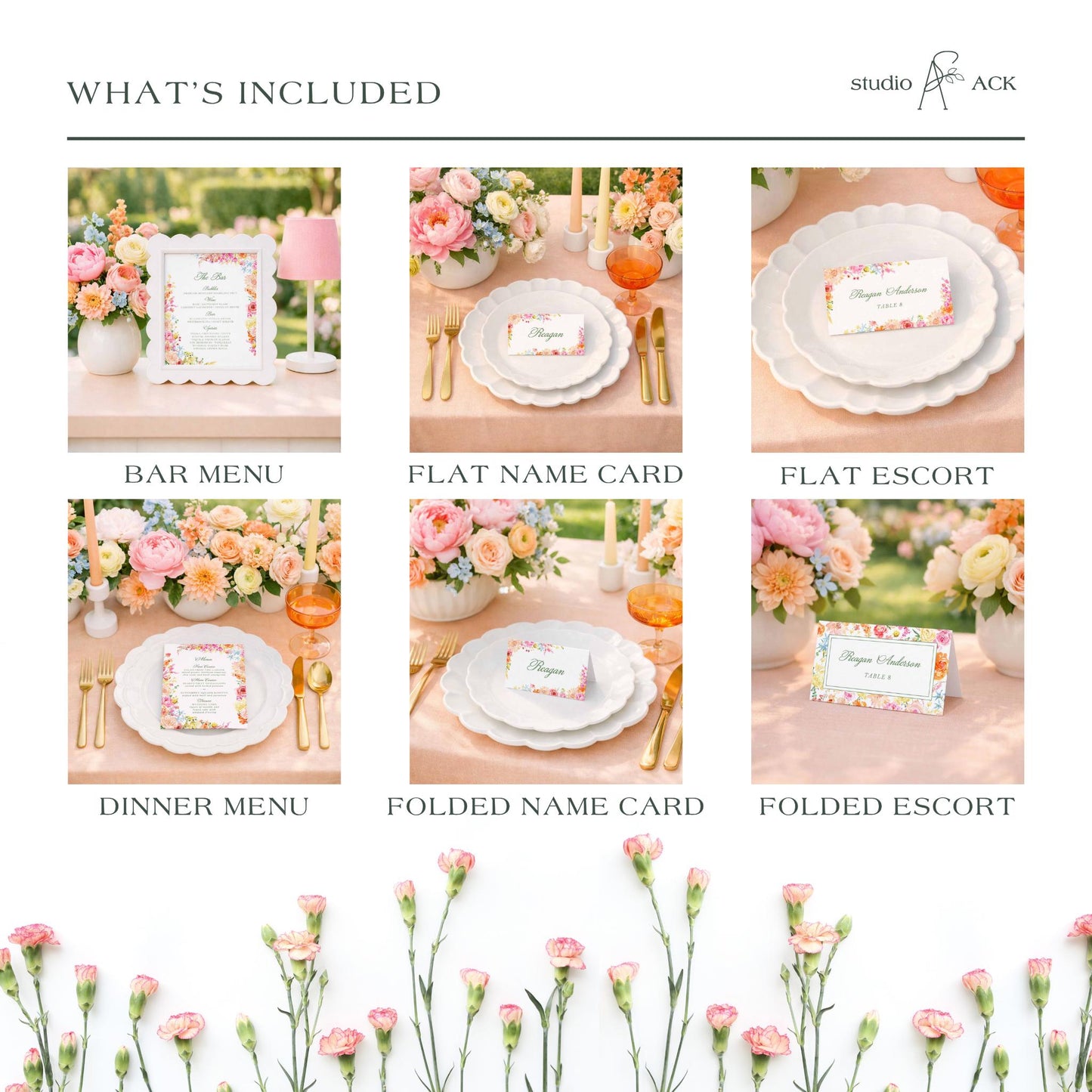 The image is a collage of six photos depicting various elements of a wedding reception, including floral arrangements, place settings, and name cards.
