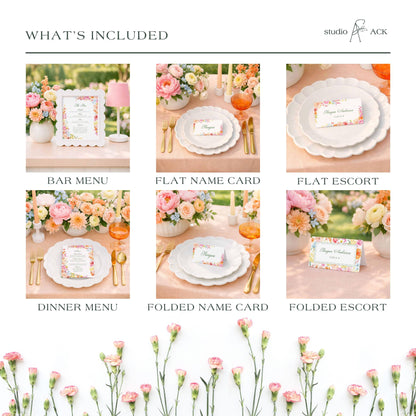 The image is a collage of six photos depicting various elements of a wedding reception, including floral arrangements, place settings, and name cards.