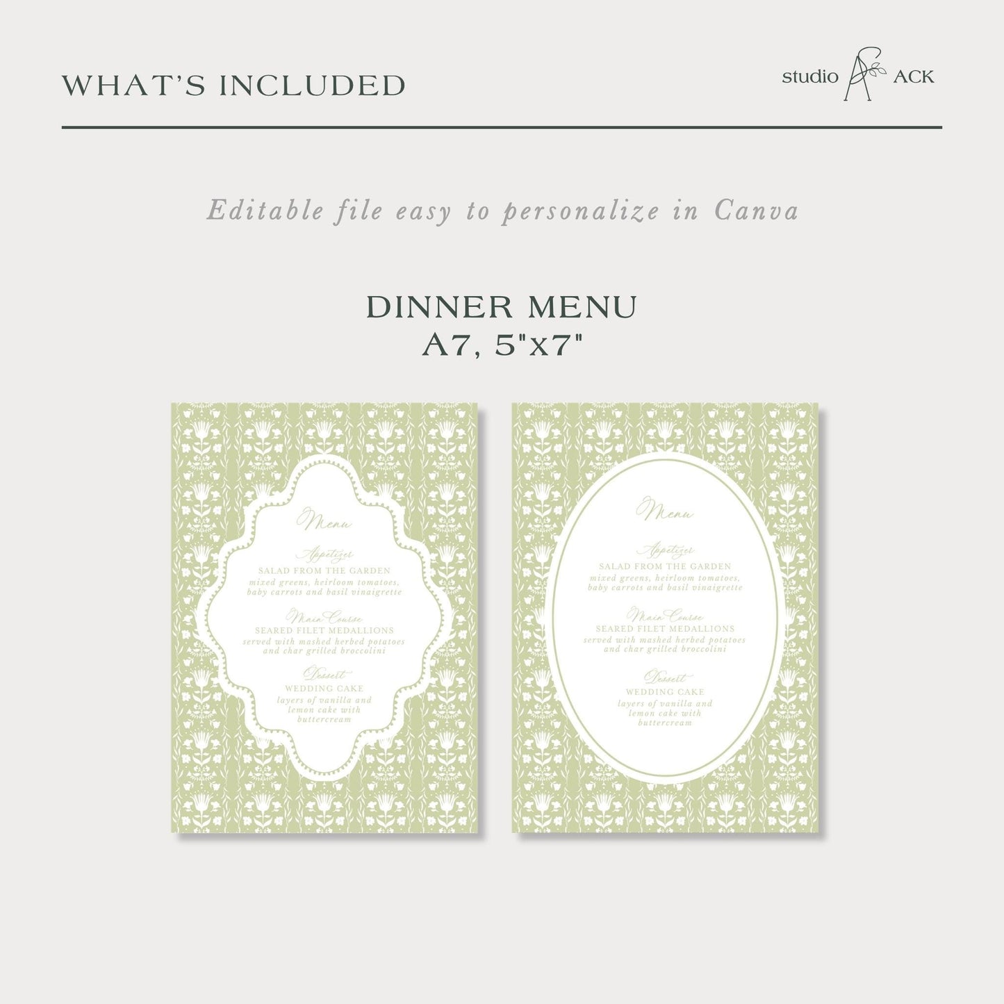 two identical dinner menu cards with a repeating pattern of green floral designs. The text on the cards is not described, and the image does not contain any text.