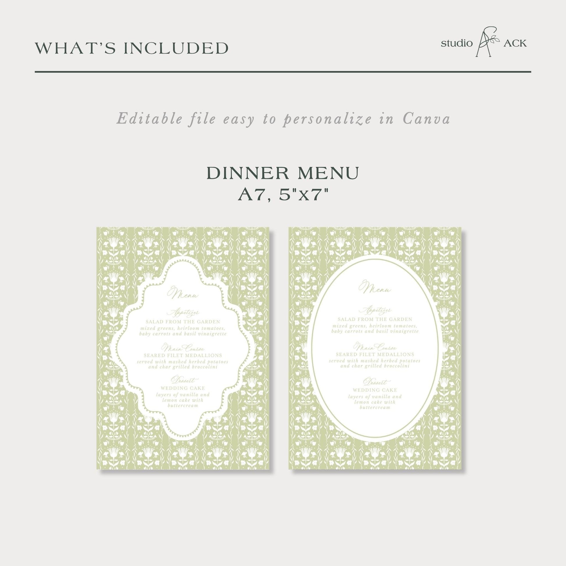 two identical dinner menu cards with a repeating pattern of green floral designs. The text on the cards is not described, and the image does not contain any text.