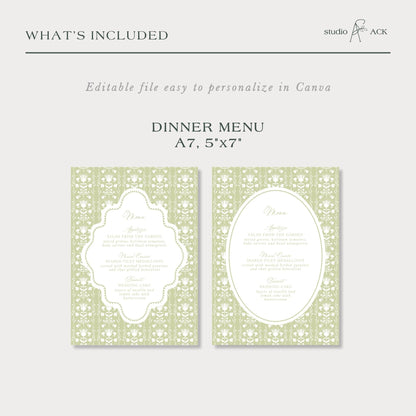 two identical dinner menu cards with a repeating pattern of green floral designs. The text on the cards is not described, and the image does not contain any text.