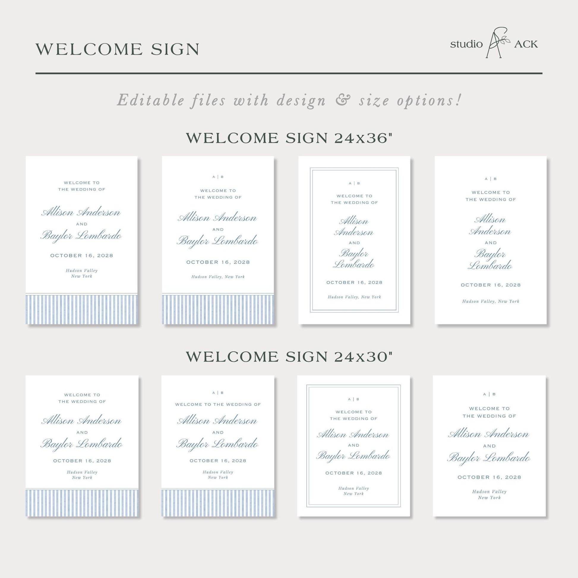 a welcome sign with various designs and sizes, including a 24x36" sign and a 24x30" sign. The text on the welcome signs is identical, welcoming guests to the wedding of the bride and groom.