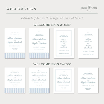 a welcome sign with various designs and sizes, including a 24x36" sign and a 24x30" sign. The text on the welcome signs is identical, welcoming guests to the wedding of the bride and groom.