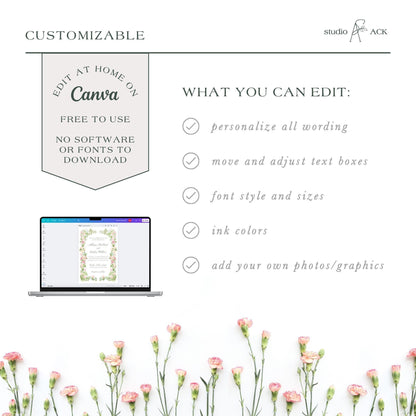 StudioACK customization guide showing what elements can be edited in Canva—wording, text boxes, fonts, colors, and photos—displayed with a laptop preview and floral accents. Watercolor floral wedding invitations for garden  party theme.