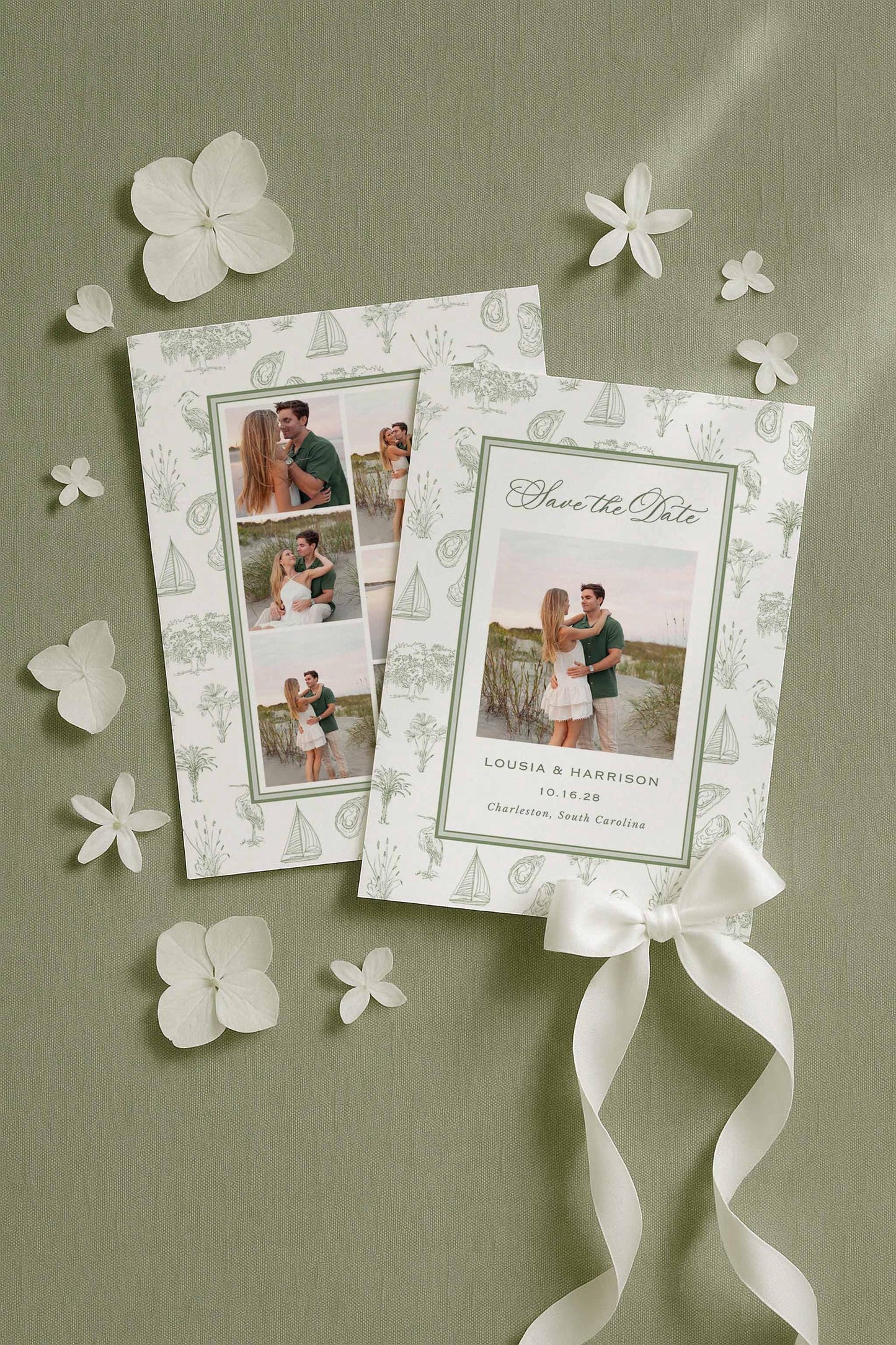Southern toile Save the Date set shown with a photo version on a muted green linen background with scattered petals. Features hand-drawn coastal illustrations including palmettos, egrets, oysters, marsh reeds, sailboats, and oak trees. Designed as a printable Canva template with matching envelope liner. Elegant fine art aesthetic ideal for southern weddings and coastal engagements.