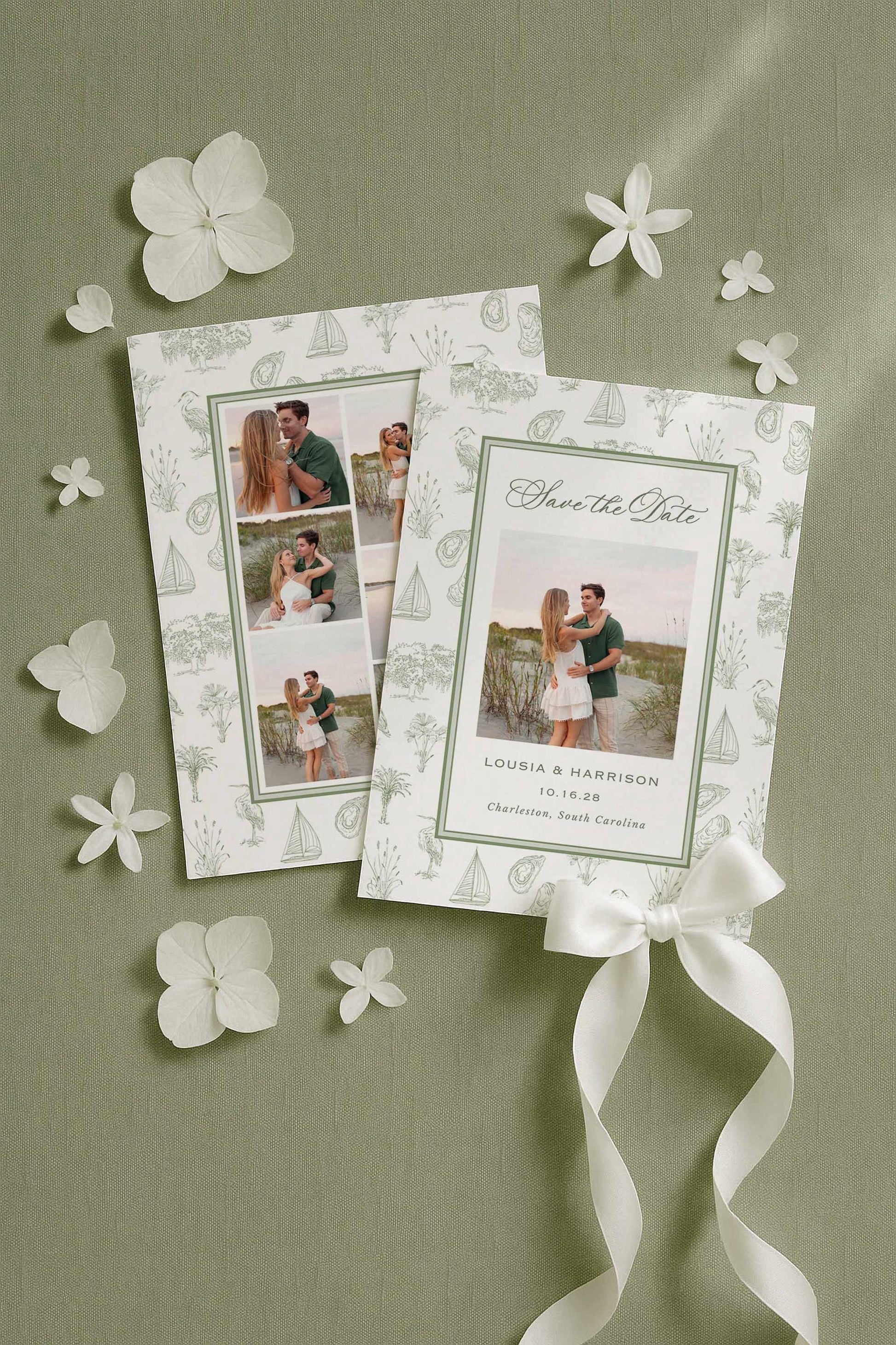 Southern toile Save the Date set shown with a photo version on a muted green linen background with scattered petals. Features hand-drawn coastal illustrations including palmettos, egrets, oysters, marsh reeds, sailboats, and oak trees. Designed as a printable Canva template with matching envelope liner. Elegant fine art aesthetic ideal for southern weddings and coastal engagements.