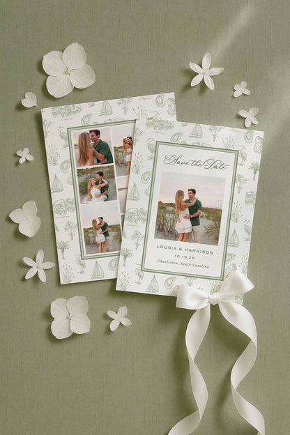 Southern toile Save the Date set shown with a photo version on a muted green linen background with scattered petals. Features hand-drawn coastal illustrations including palmettos, egrets, oysters, marsh reeds, sailboats, and oak trees. Designed as a printable Canva template with matching envelope liner. Elegant fine art aesthetic ideal for southern weddings and coastal engagements.