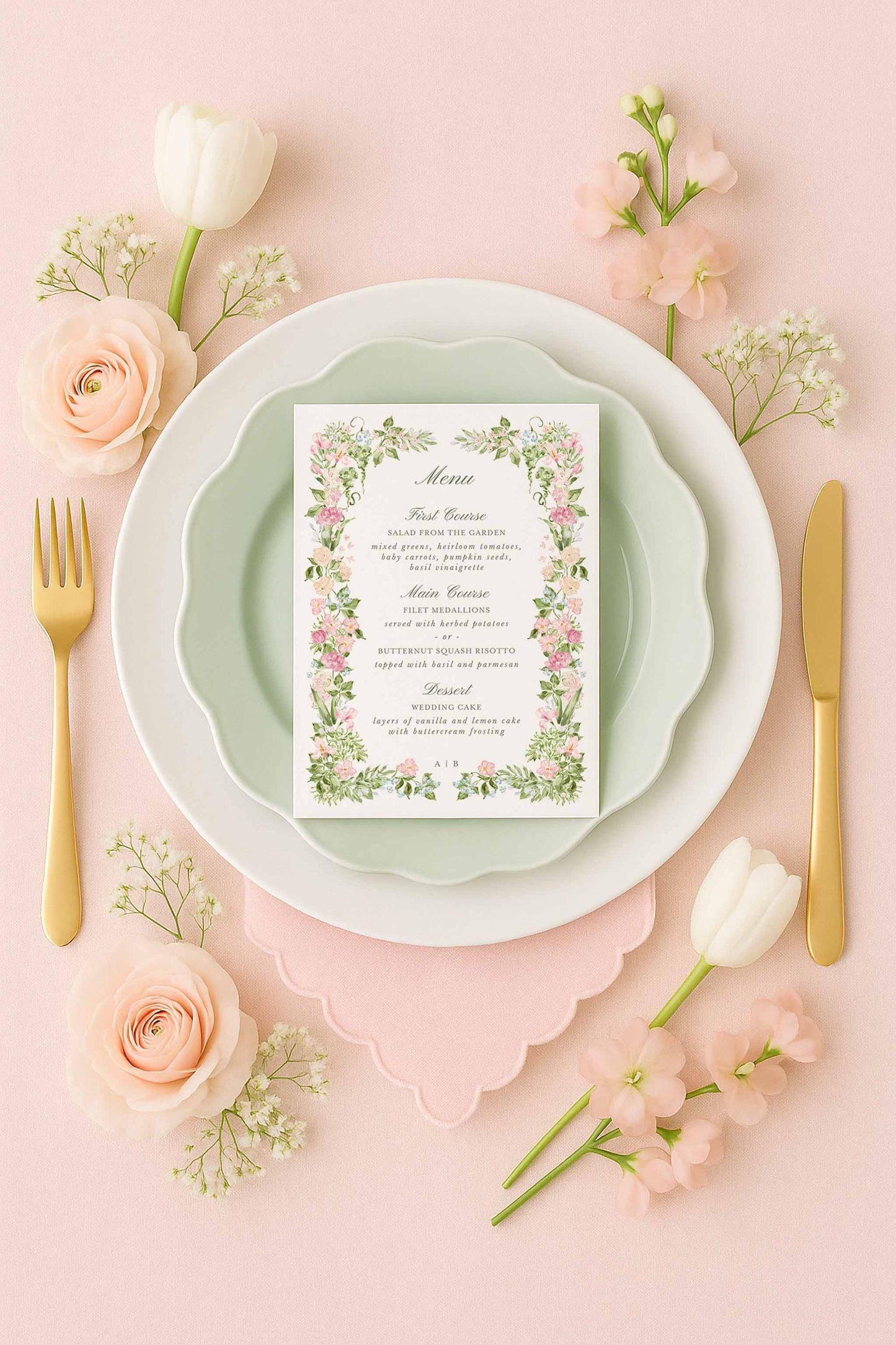 Elegant wedding menu template displayed in a floral flat lay with roses and greenery, highlighting the hand-painted watercolor artwork and customizable details.