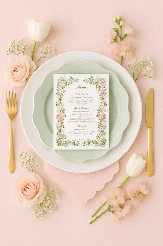 Elegant wedding menu template displayed in a floral flat lay with roses and greenery, highlighting the hand-painted watercolor artwork and customizable details.