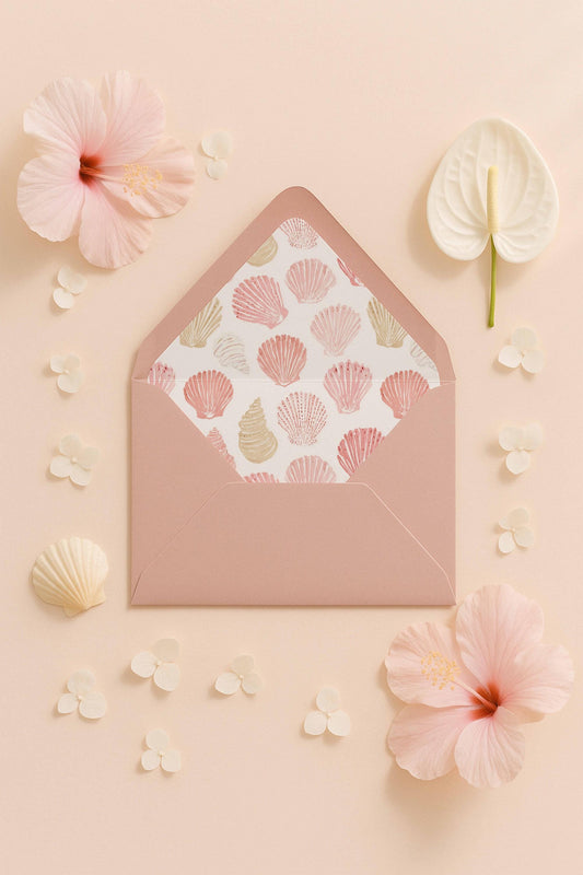 a pink envelope with a pattern of seashells, surrounded by pink hibiscus flowers and small white flowers on a light peach background.