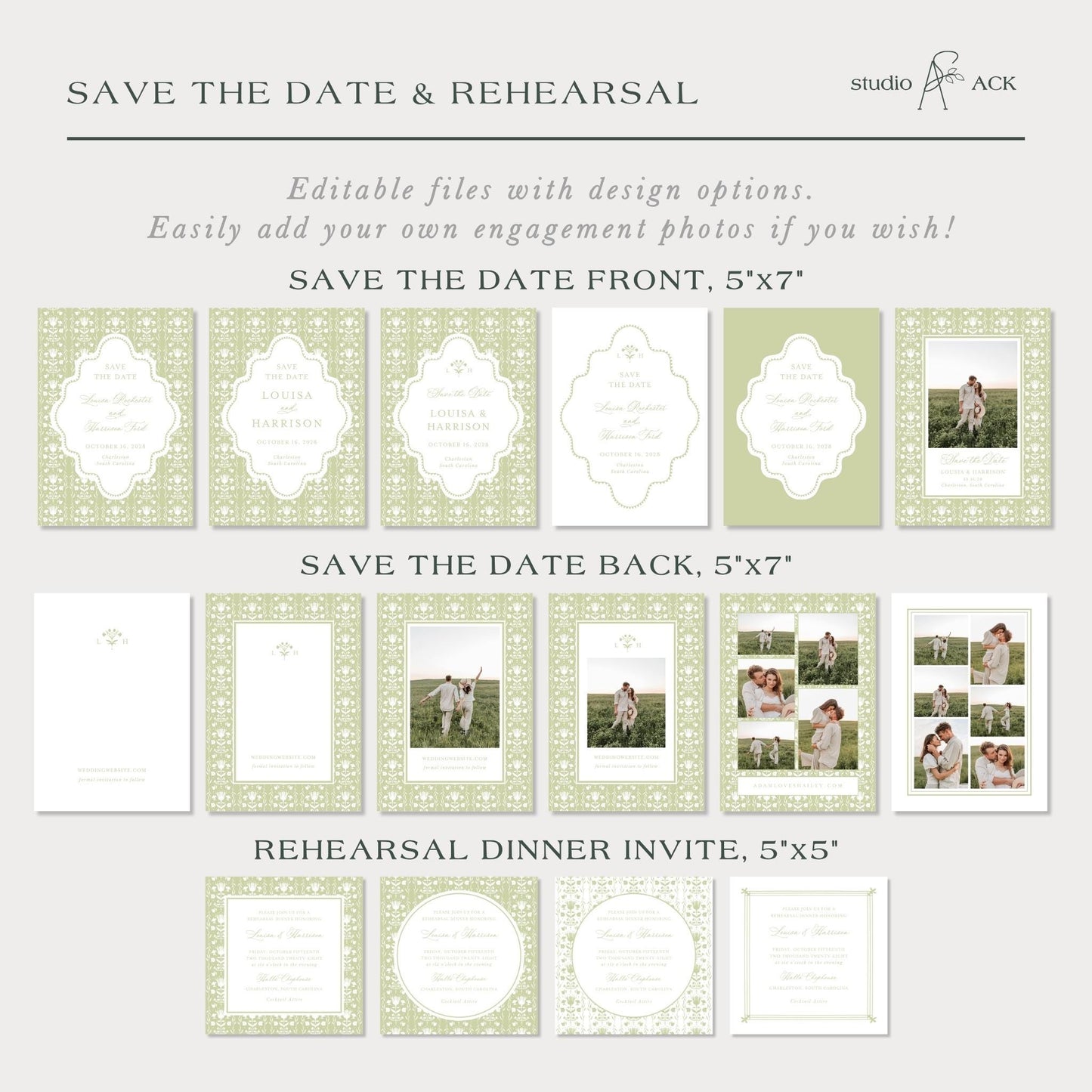 a collection of wedding invitation designs, including a front and back view of the design, as well as a rehearal dinner invitation. The text provides information about the design options and how to customize the invitations to include personal photos.