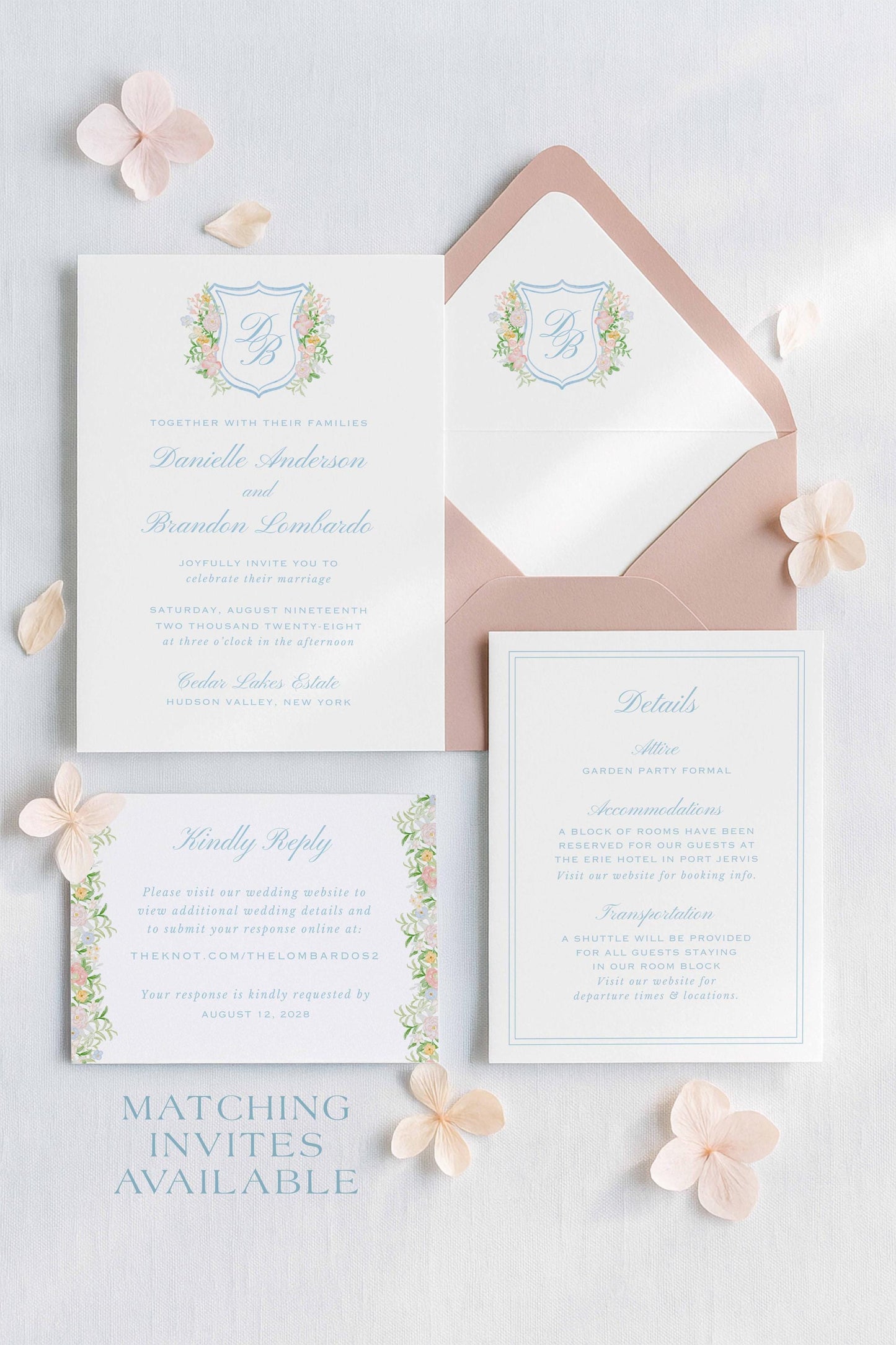 a wedding invitation set against a white background, with a matching envelope and a small card.