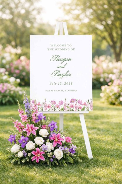 Purple Floral Wedding Welcome Sign Template