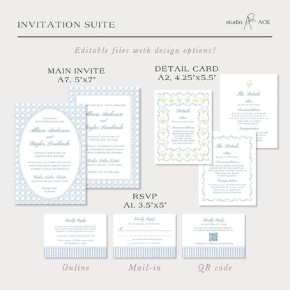 Blue Rattan Wedding Invitation Suite Template