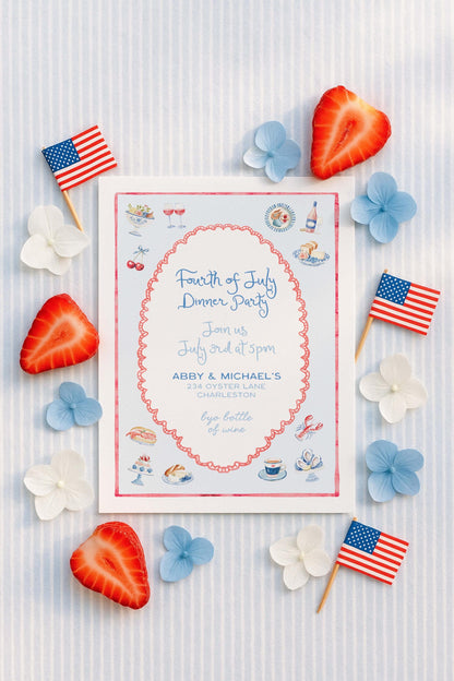 Summer Dinner Party Invitation, Fourth of July Coastal Americana Watercolor Design with Stripes, Adult Gathering Red, White & Blue Invite