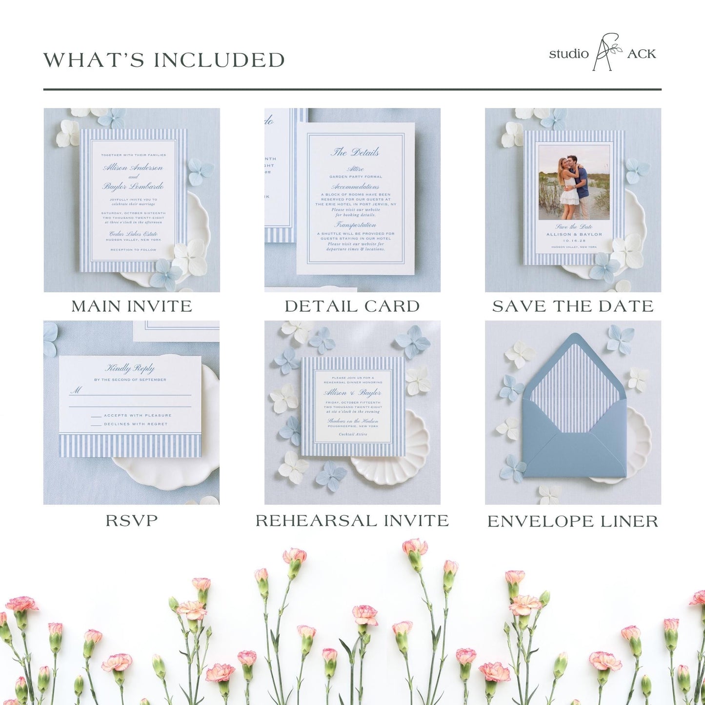The image is a collage of six different wedding invitation designs, each with unique features and details. The designs include a main invite, a detail card, a save the date card, an RSVP card, a rehearsal invite, and an envelope liner. The images showcase the various elements of these wedding invitation designs, such as the layout, typography, and decorative elements.