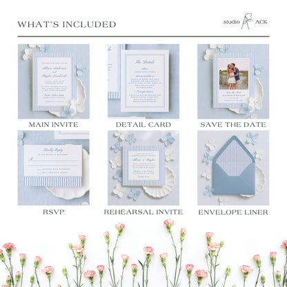 The image is a collage of six different wedding invitation designs, each with unique features and details. The designs include a main invite, a detail card, a save the date card, an RSVP card, a rehearsal invite, and an envelope liner. The images showcase the various elements of these wedding invitation designs, such as the layout, typography, and decorative elements.