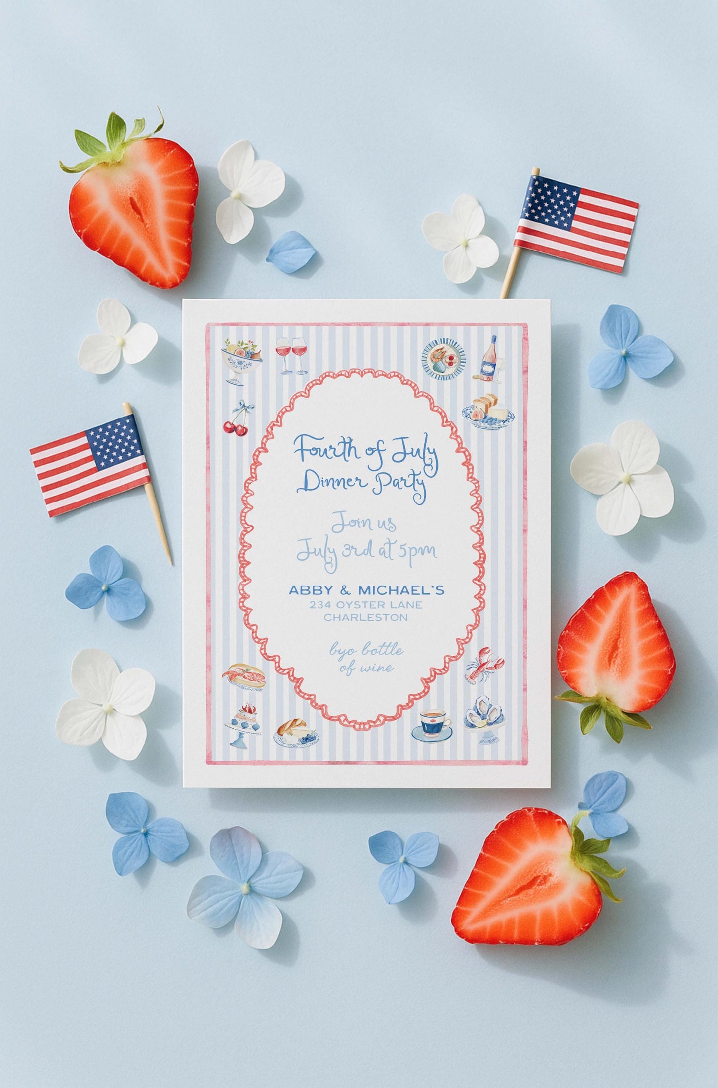 Summer Dinner Party Invitation, Fourth of July Coastal Americana Watercolor Design with Stripes, Adult Gathering Red, White & Blue Invite