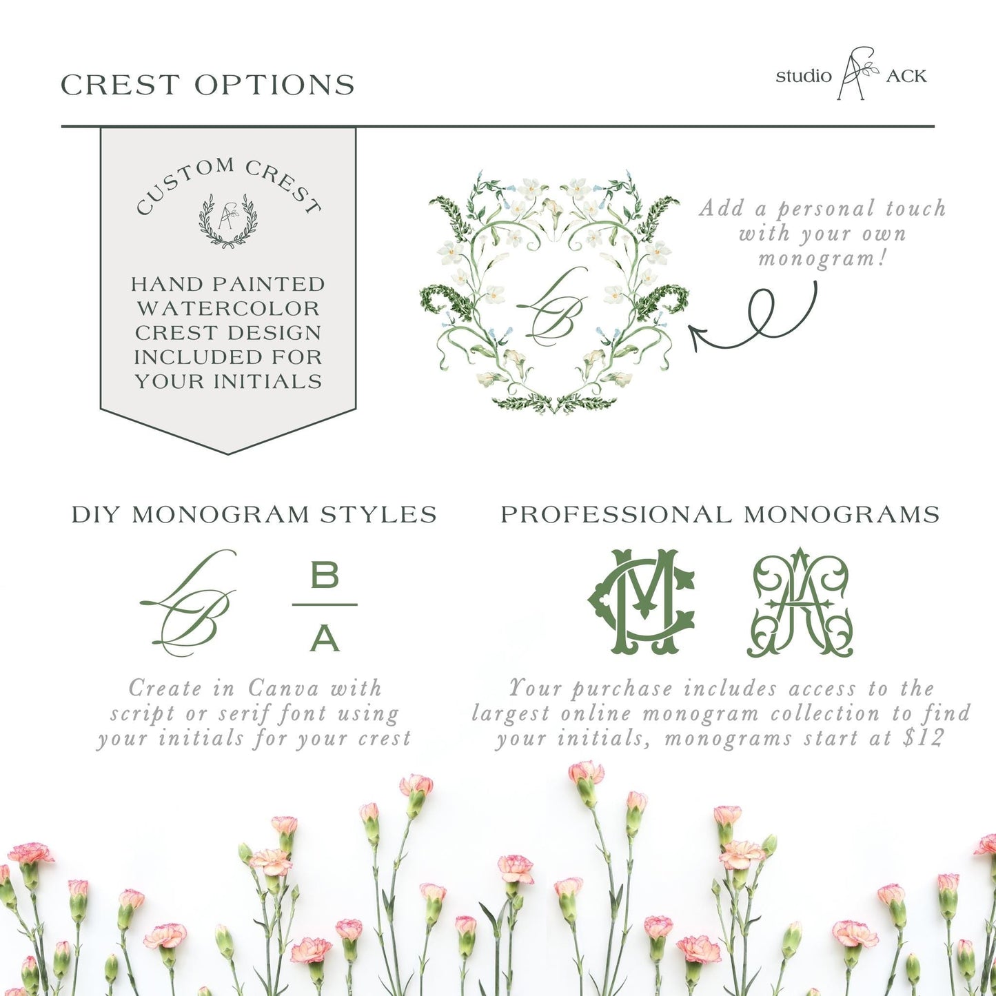 The image is a collage of various monogram styles and options for creating a custom crest. It includes hand-painted watercolor designs, DIY monogram styles, and professional monograms. The image does not contain any text that would describe each individual monogram style or provide additional information about the options available.