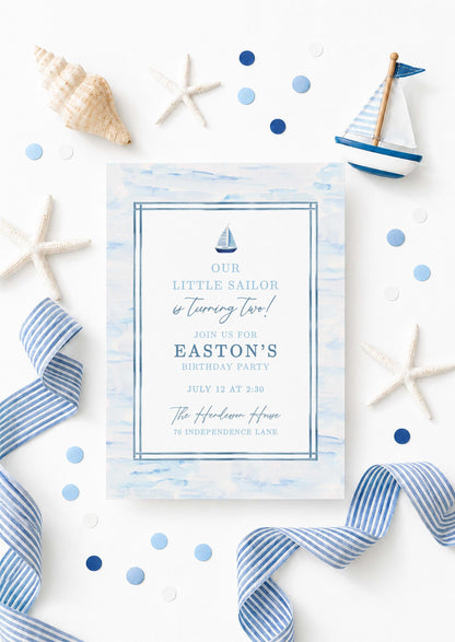 Our Little Sailor Birthday Invitation Template, Blue Nautical Watercolor Sailboat Invite, Sailboat Digital Printable for Boy Birthday Party
