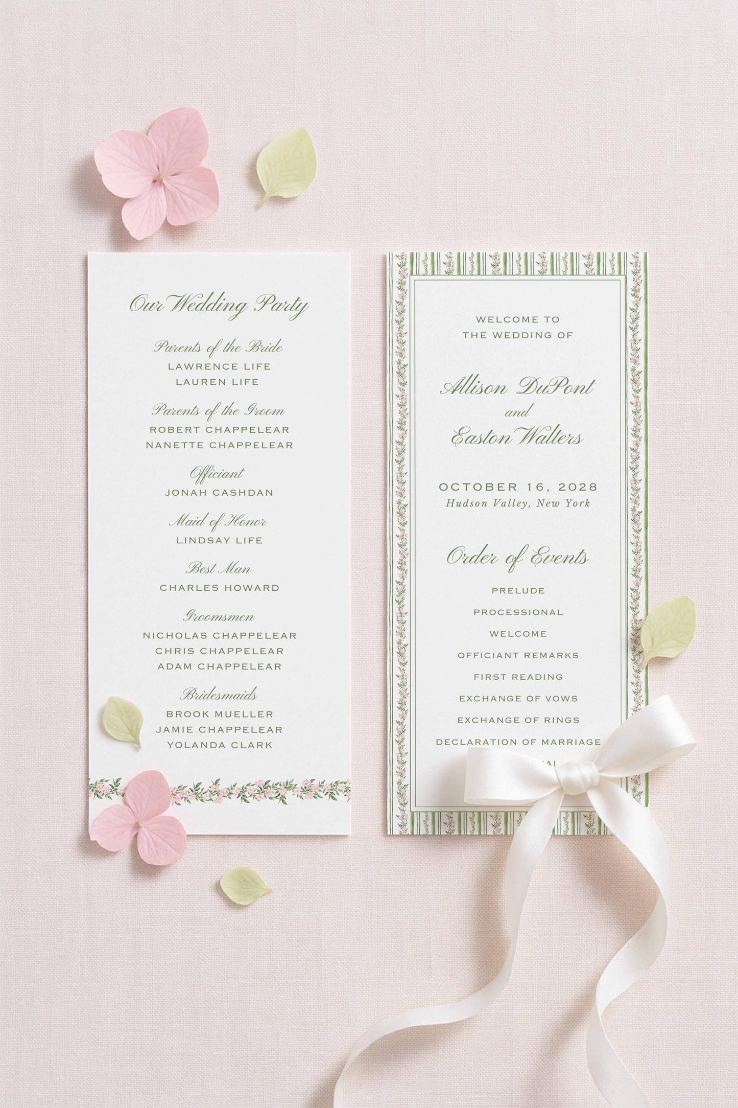 two wedding invitation cards with text and names of the bride and groom, as well as other details about the wedding event.